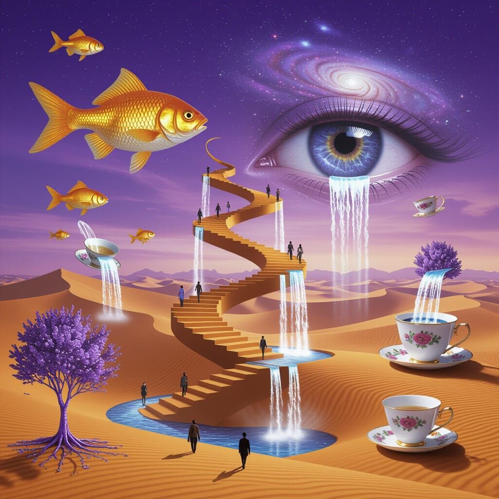 Surreal Floating Desert Dreamscape with Golden Fish