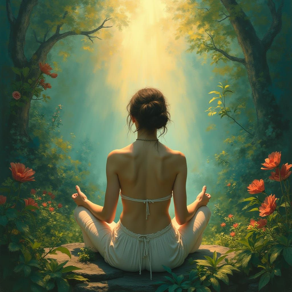 Serene Woman in Lush Tropical Paradise with Soft Ethereal Li...