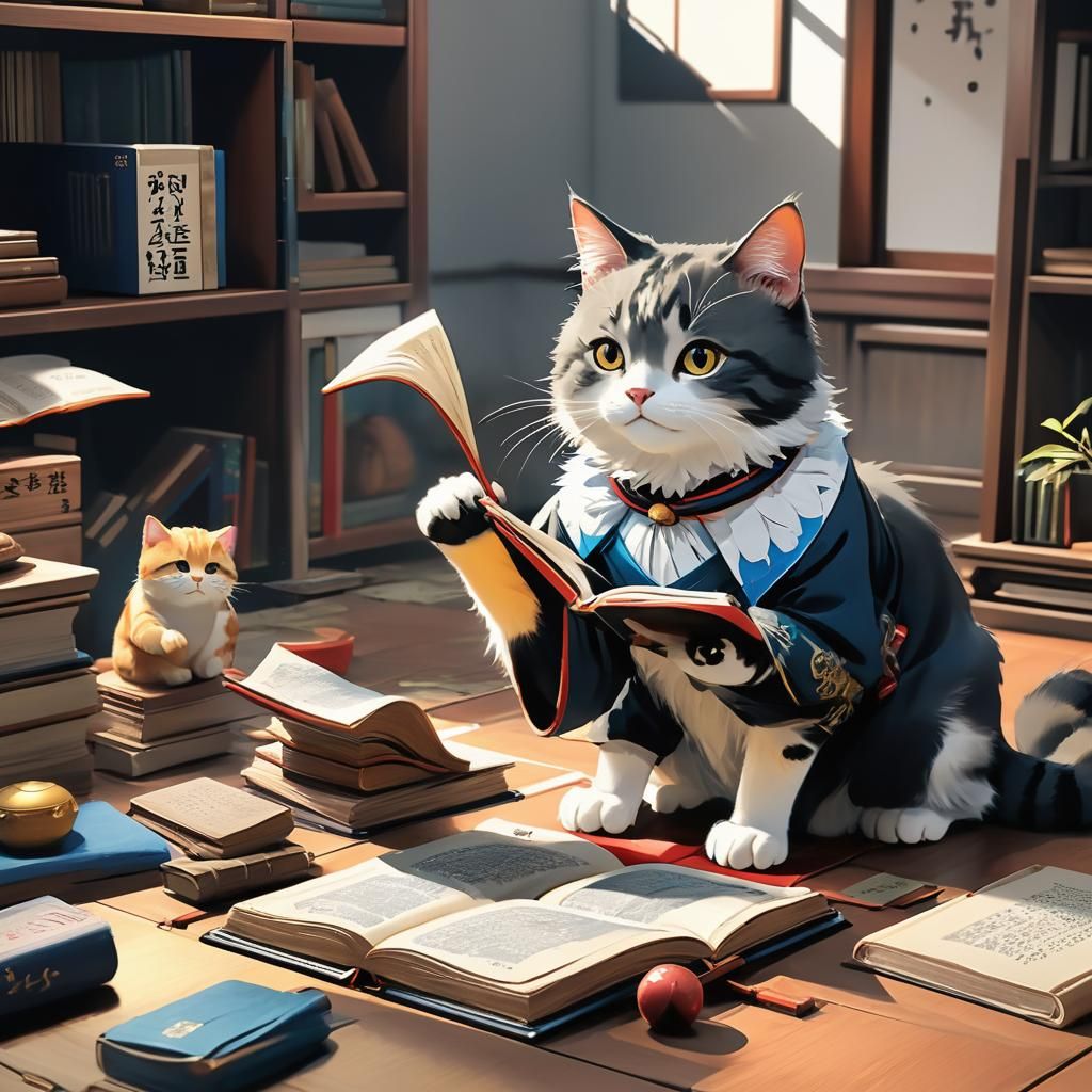 Cat Plays with Textbook in Anime Art Style