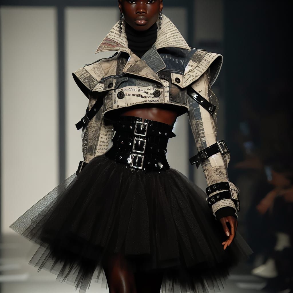 Black Model Strutting Runway in Newspaper Tulle Skirt