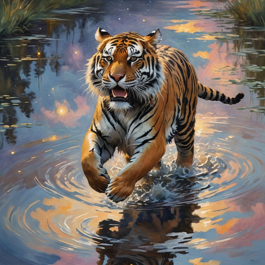 Impressionistic Tiger Reflecting Starry Night