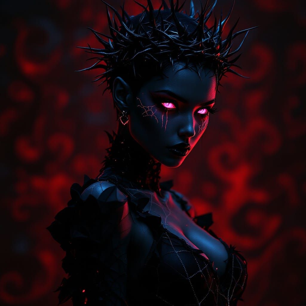 Gothic Shadow Demoness in Intricate Black Spider Web Dress a...