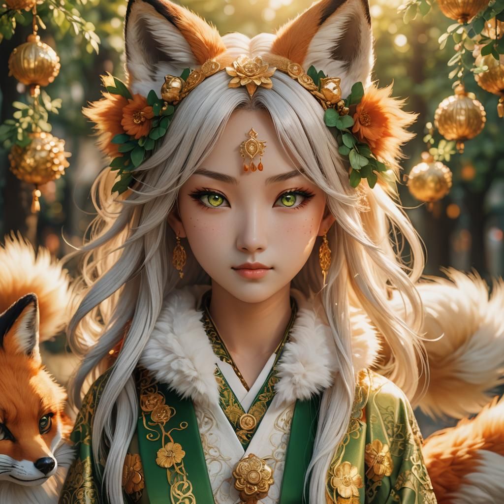 Beautiful Kitsune Woman Portrait in Manga Style