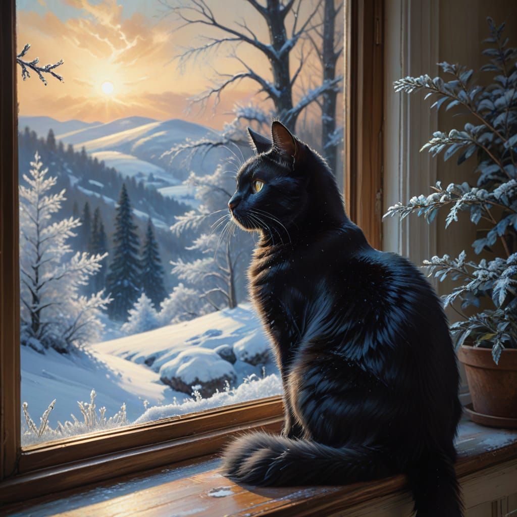 Warm Winter Scene with Black Cat in Soft Golden Light