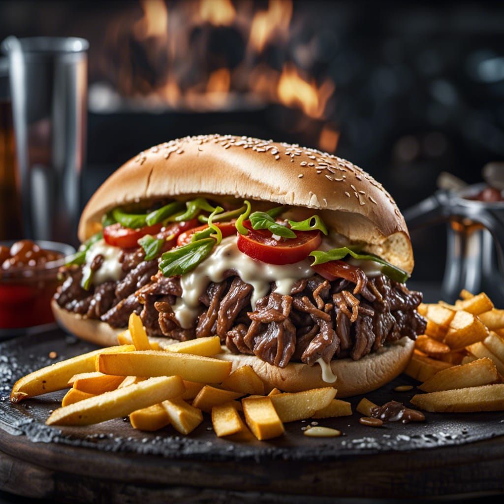 Hyperrealistic Philly Cheesesteak and Fries in HDR