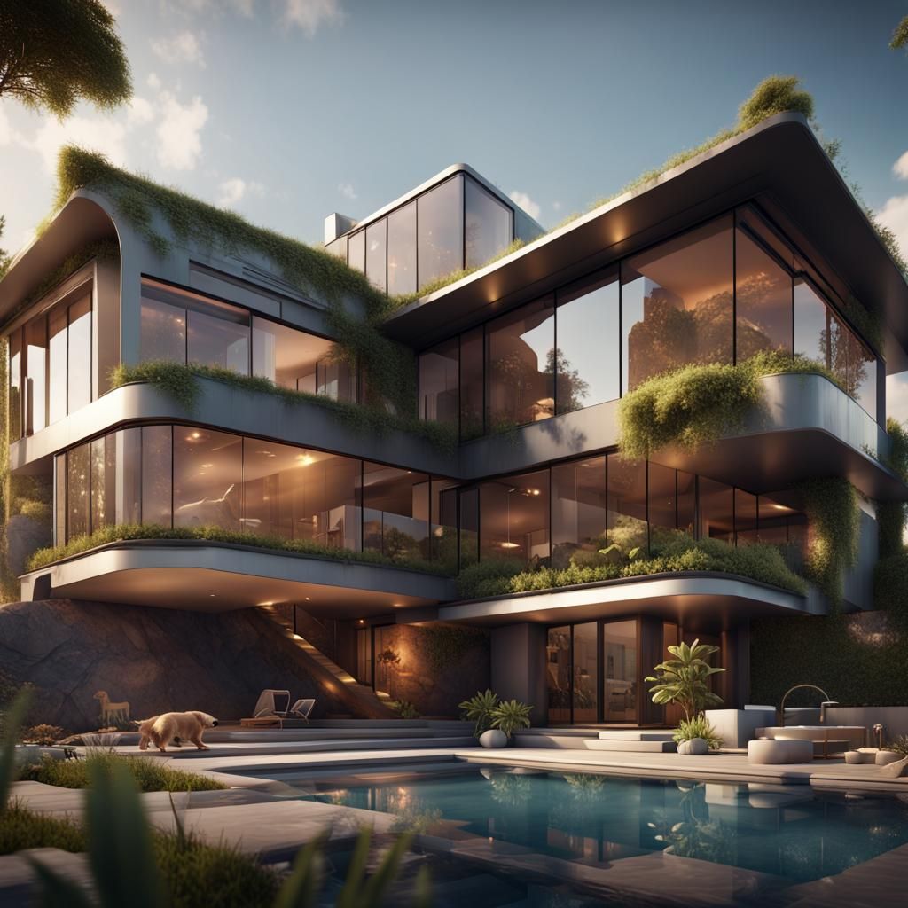 Modern Luxury House with Dog in Detailed Landscape
