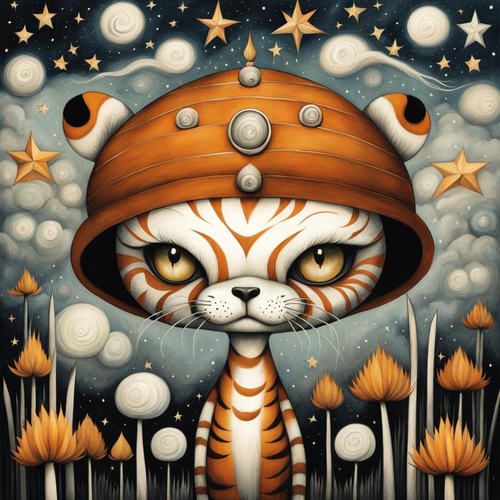 Tiger in Starry Sky: Detailed Art Brut Ink Drawing