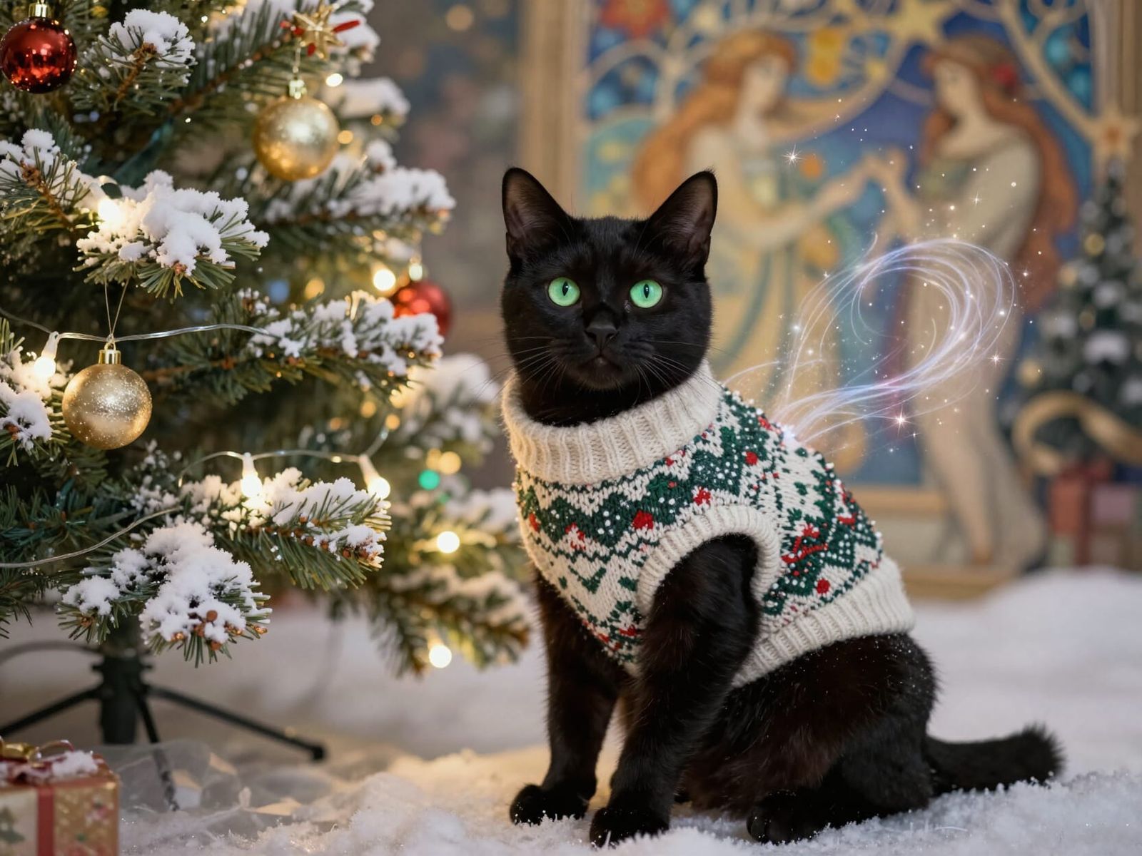 Magical Black Cat in Whimsical Christmas Scene