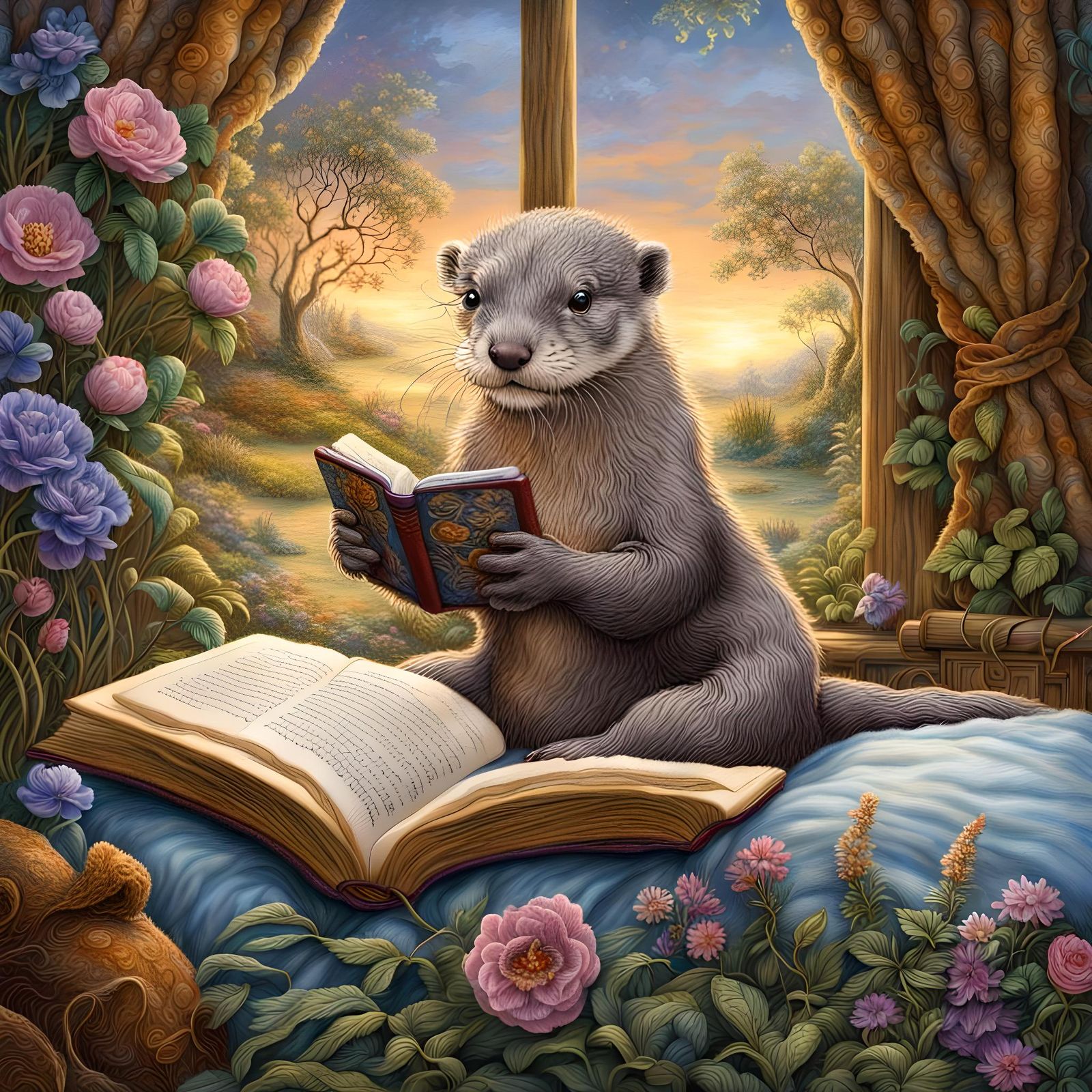 Otter Reading in Garden, Embroidery Style