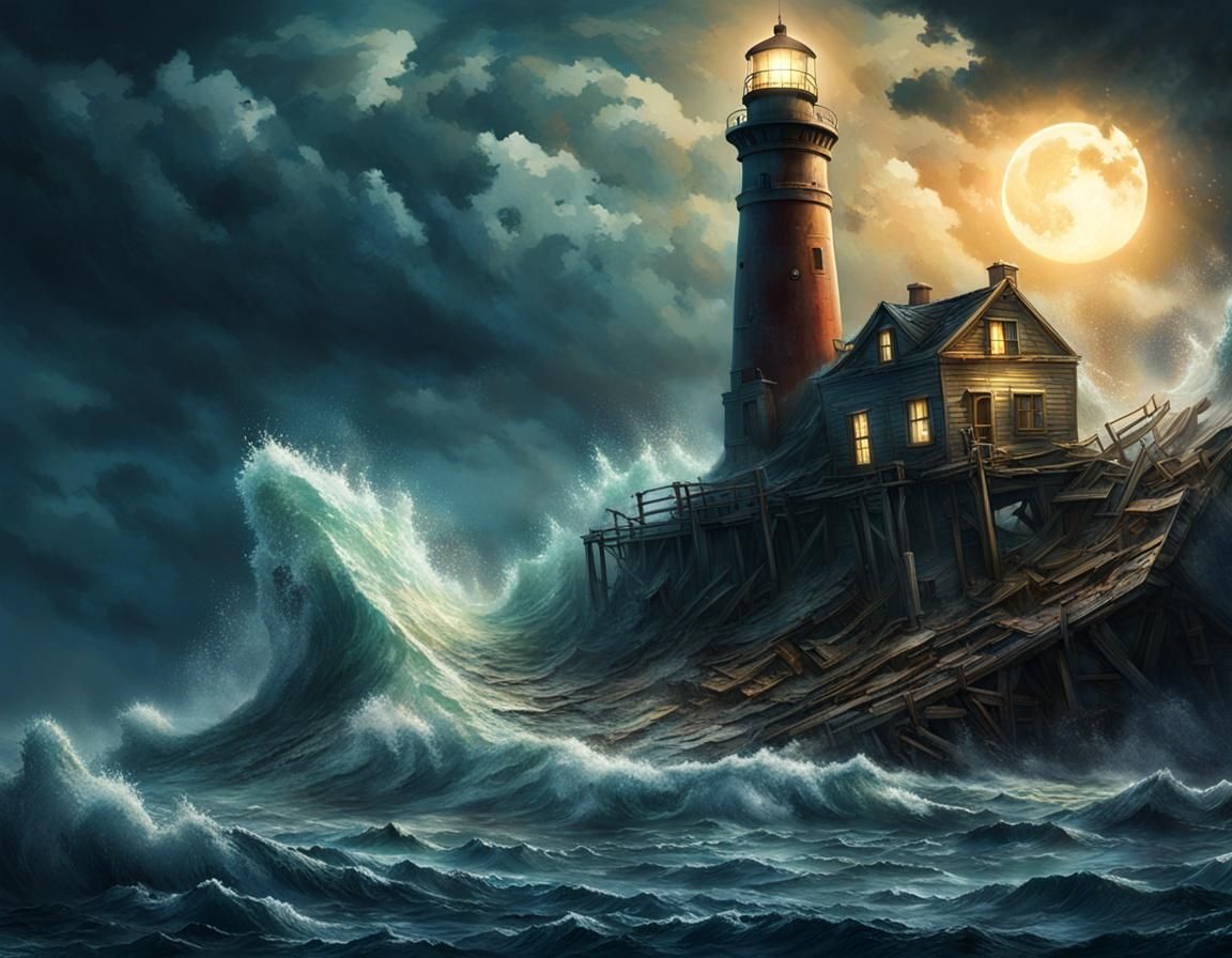 Lighthouse in Hurricane Under Moonlight: Hyperrealistic Spla...