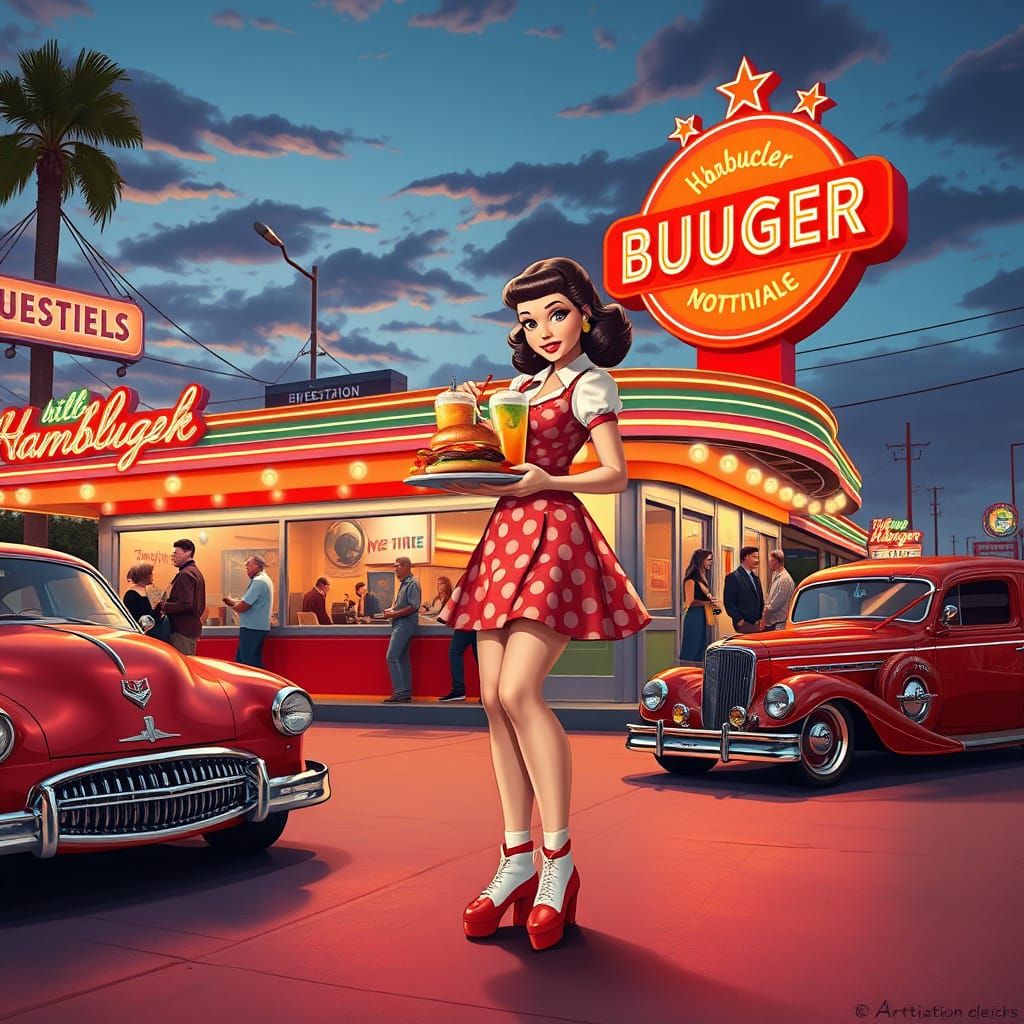 1950s Waitress at Diner in Hyperrealistic Digital Art