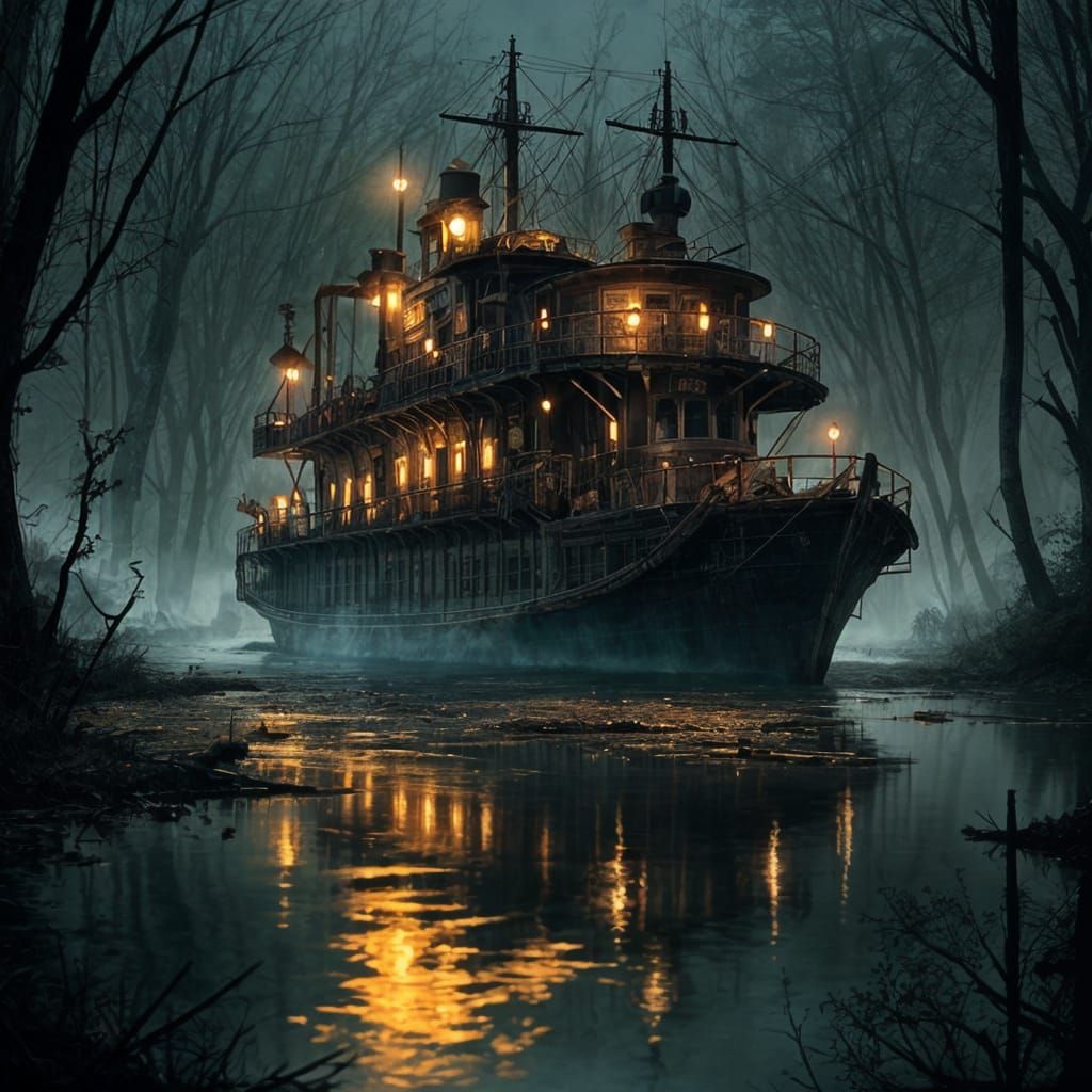 Abandoned Steampunk Steamboat in a Haunting Forest Landscape