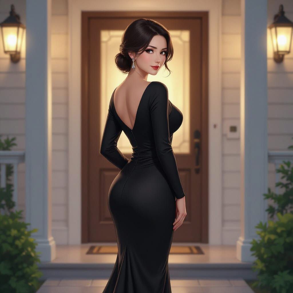 Mature Japanese Woman in Formal Dress at Home Entrance