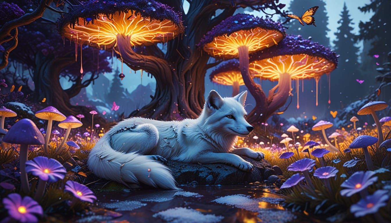 Surreal Arctic Fox Under a Glowing Neon Tree