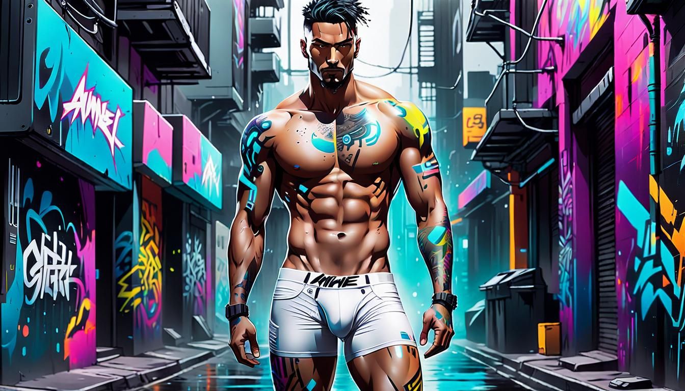 Cyberpunk Man in Graffiti Anime Style