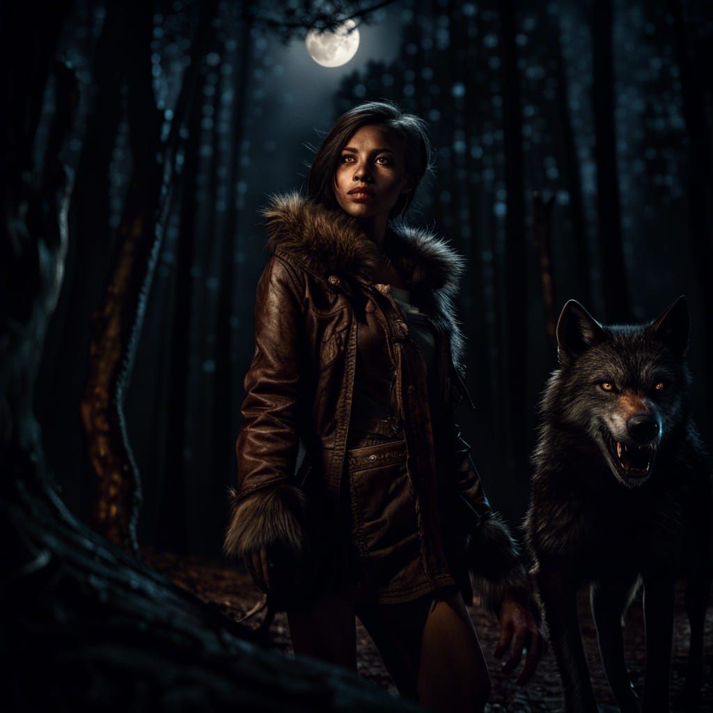 Hyperrealistic Werewolf Woman in Forest at Night