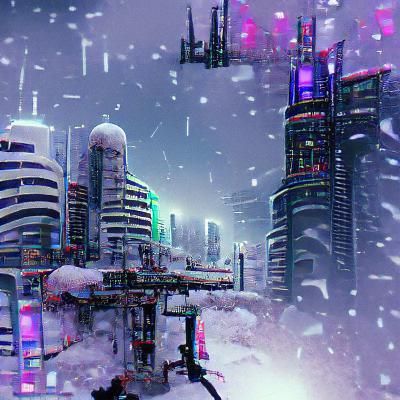 Snowy Cyberpunk Cityscape in Winter