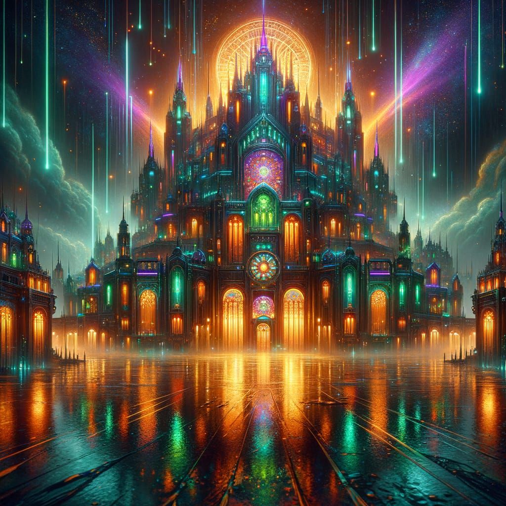 Futuristic Neon Castle in Dark Fantasy Art Nouveau Style