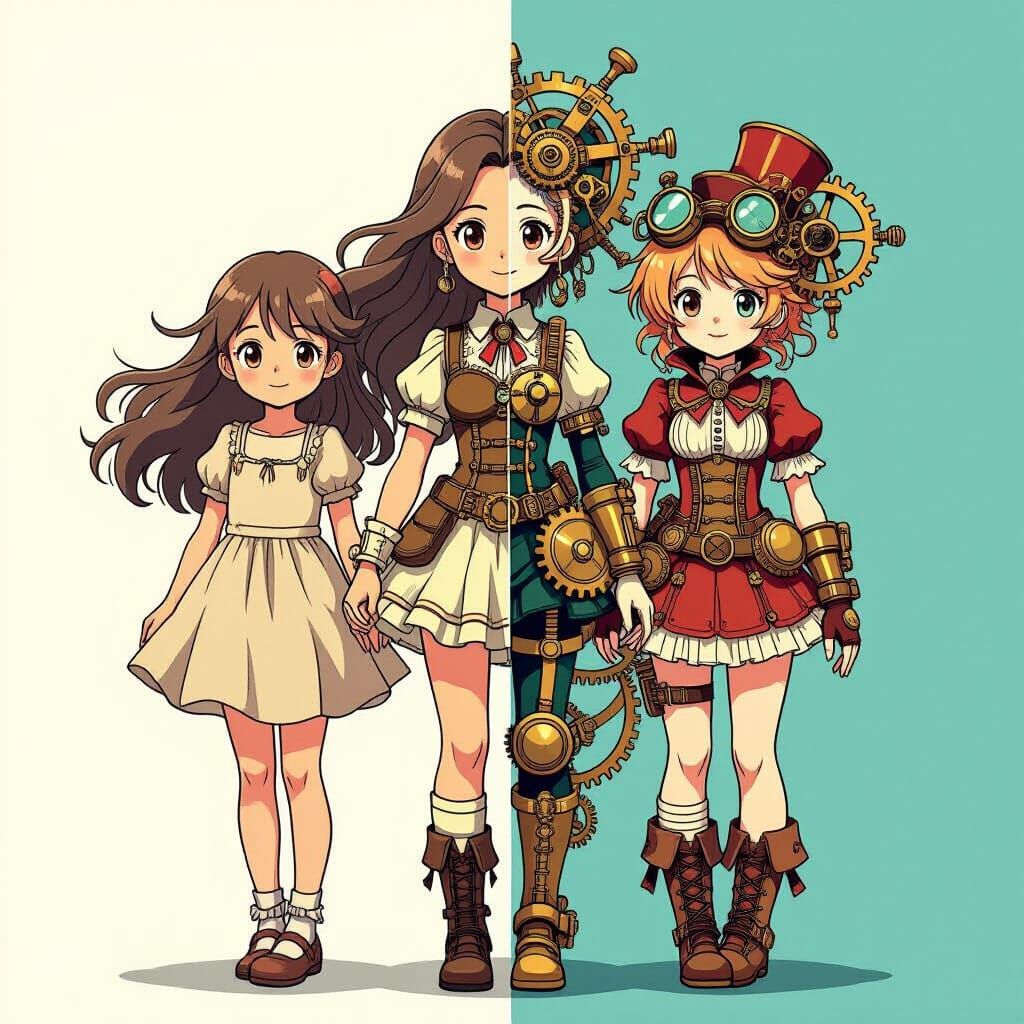 Anime Girl Split: Steampunk Contrast, Vivid Colors
