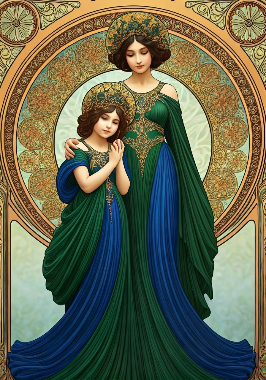 Elegant Woman and Child in Art Nouveau Style