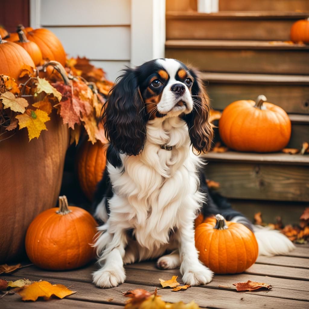 King Charles Cavalier Dog Among Pumpkins, Autumn Portrait