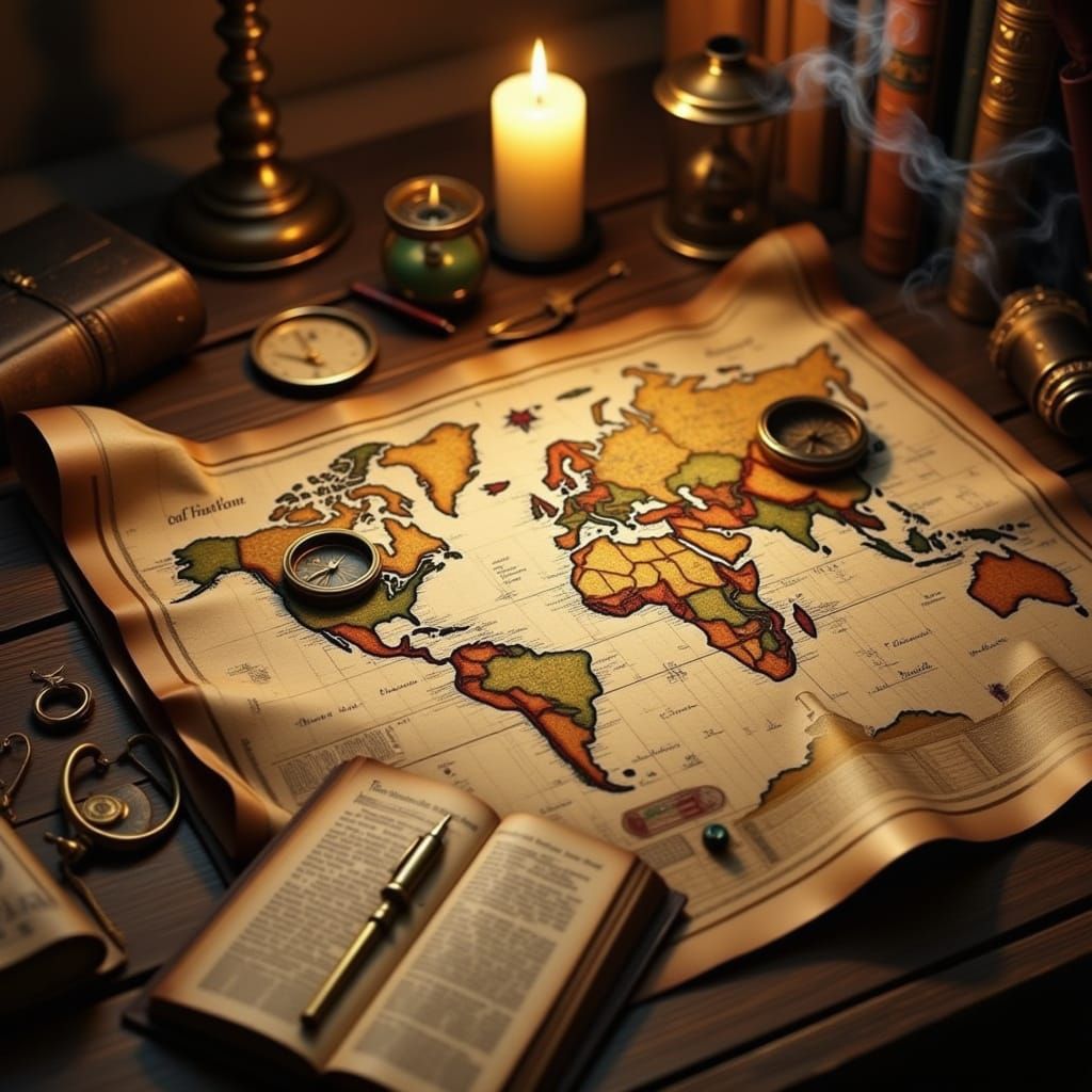 Antique World Map with Compass and Quill in Warm Candlelight