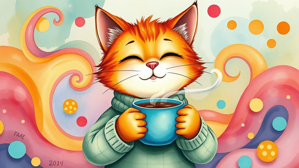 Cartoon Cat Enjoys Coffee in Seuss World