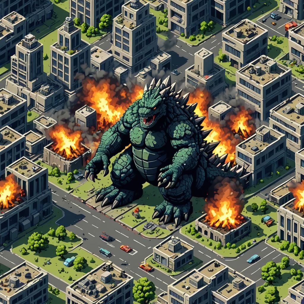 Godzilla Wrecks City: Retro Pixel Art Game Level