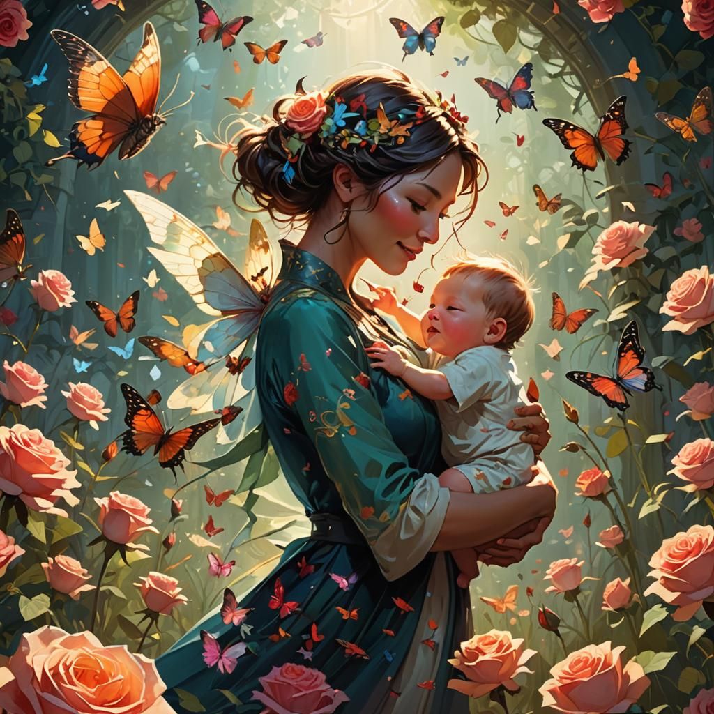 Fantasy Mother and Baby in Floral Landscape