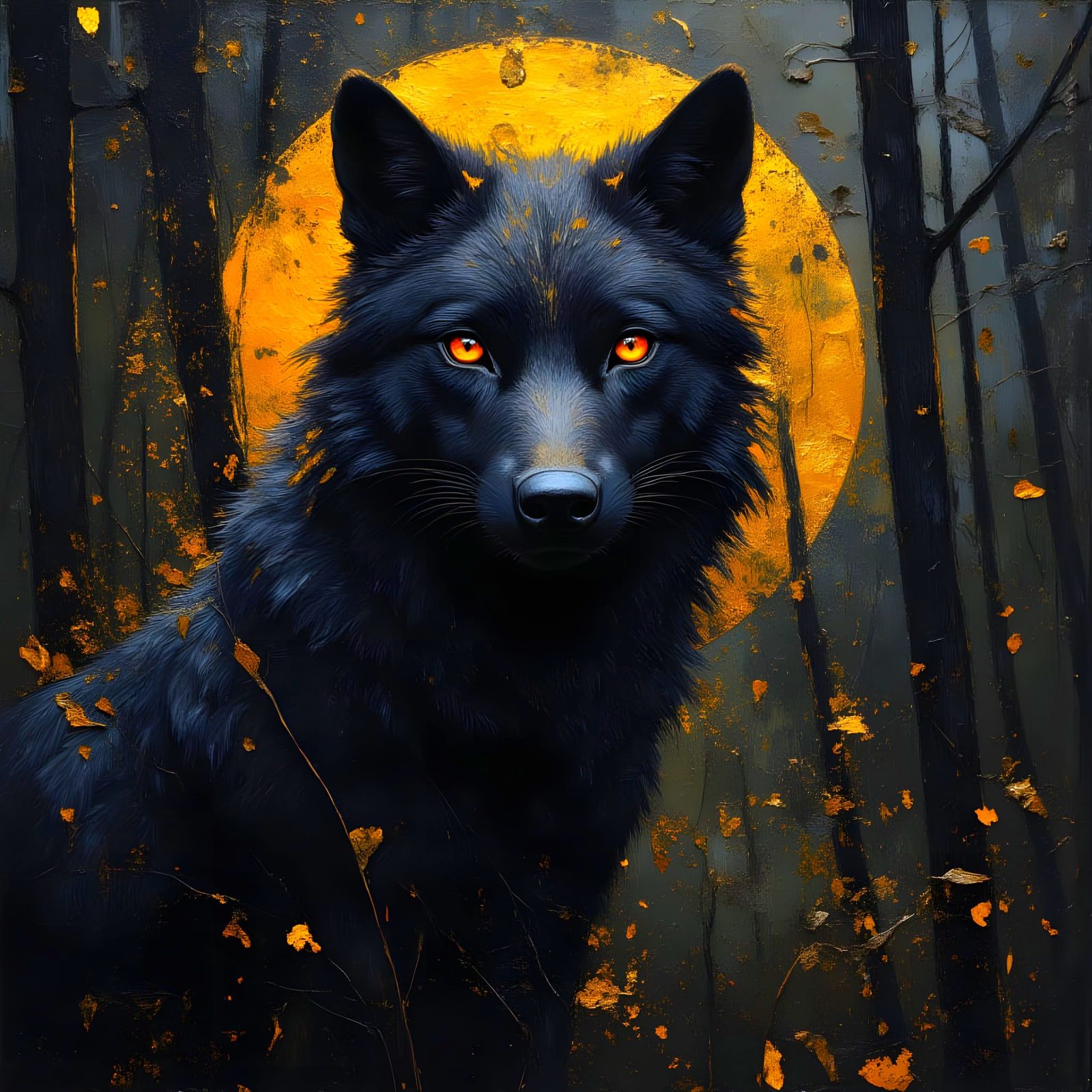 Majestic Black Wolf in Surreal Forest