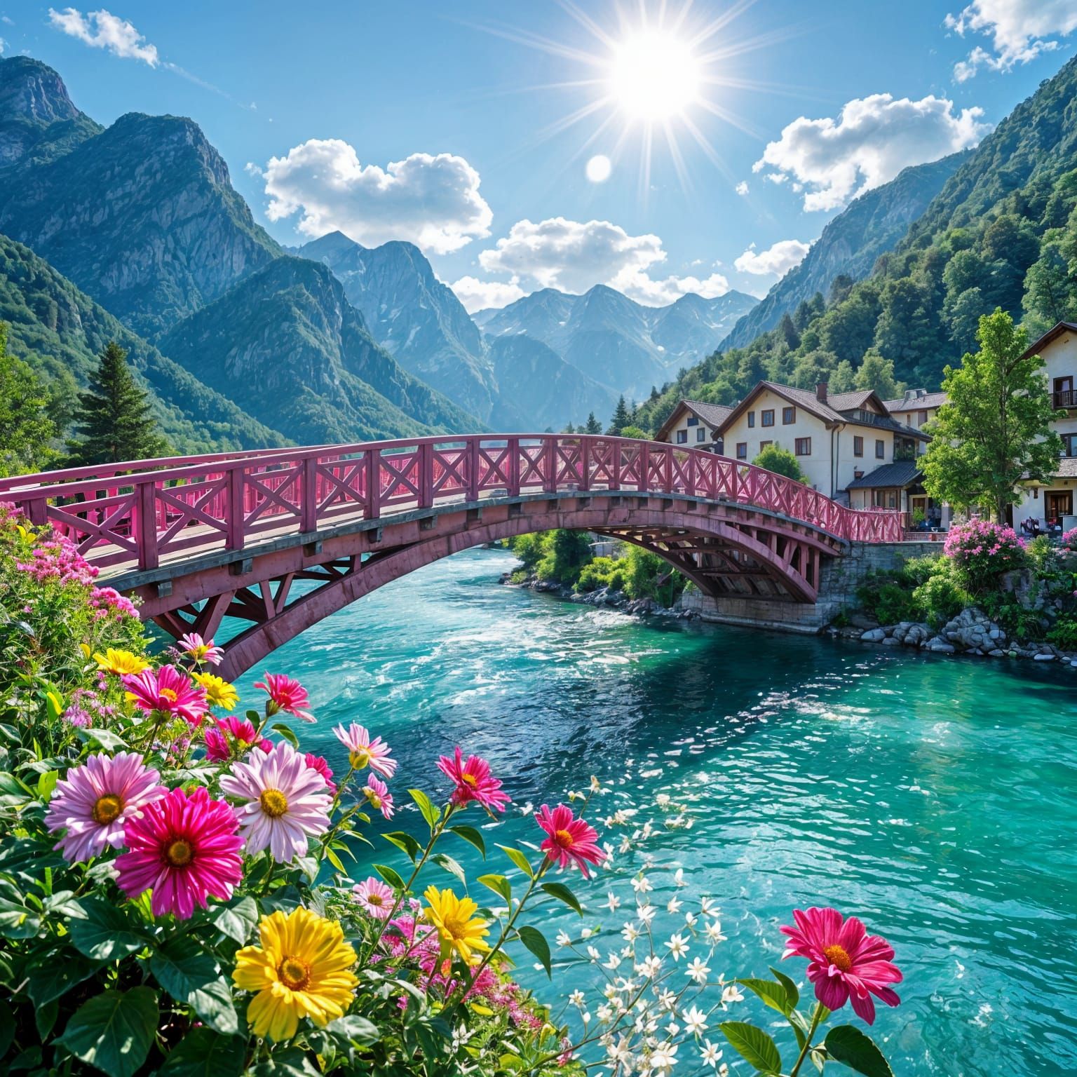 Pink Bridge Over Sparkling River with Mountain Backdrop