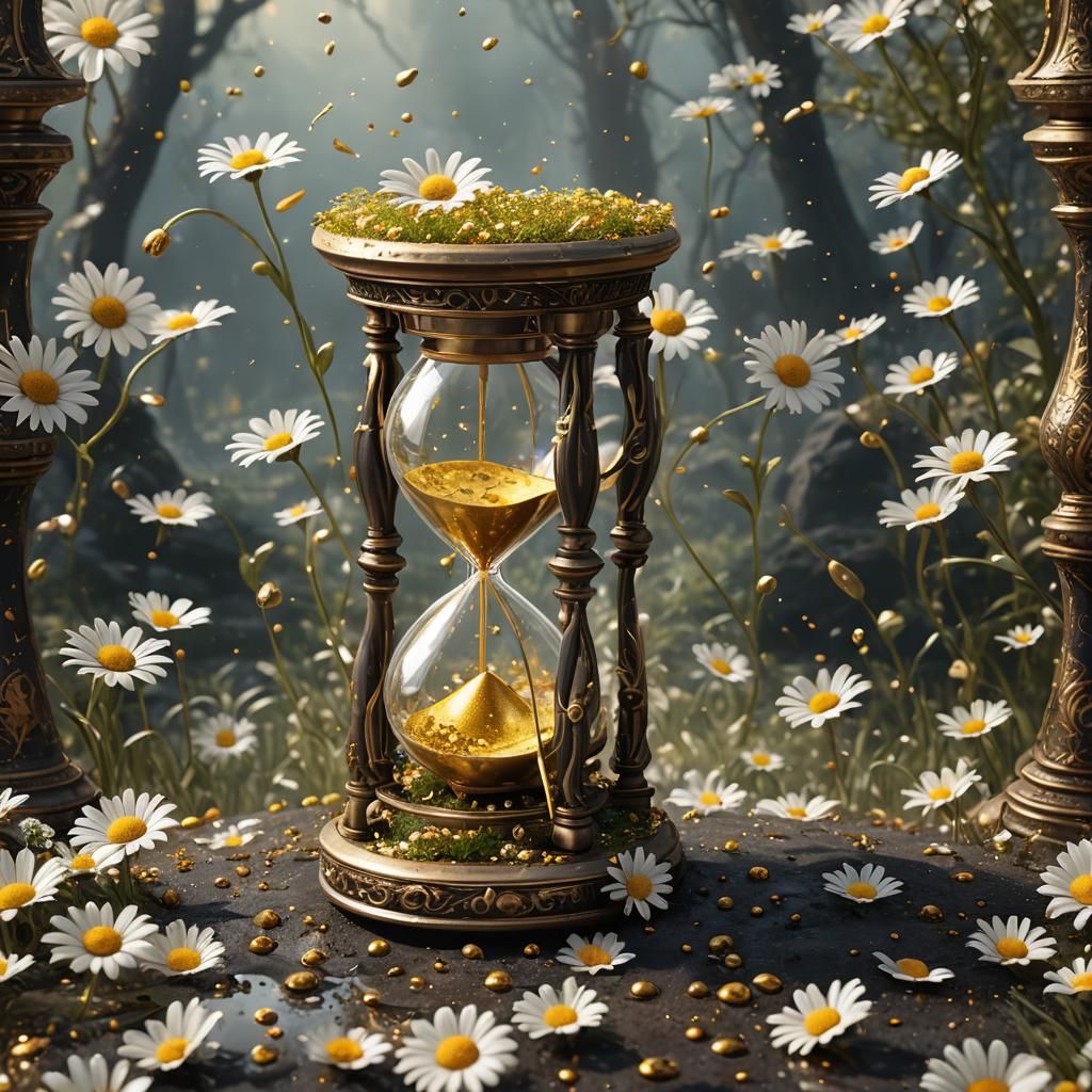 Hourglass Filled with Daisies in Detailed Matte Painting