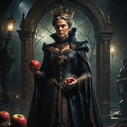 Queen Grimhilde, an apple in her hand, "preparing" it for Sn...