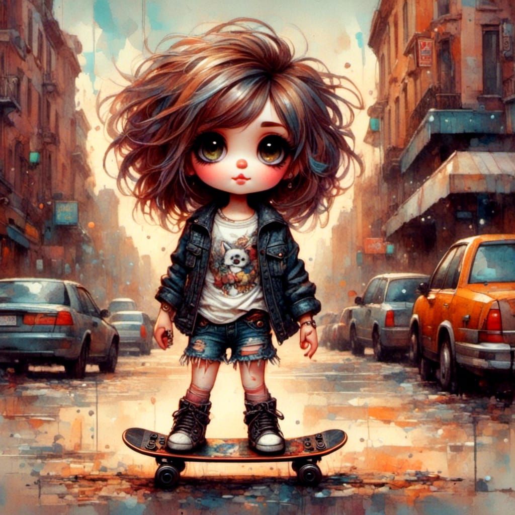Punk Victorian Chibi Girl with Skateboard