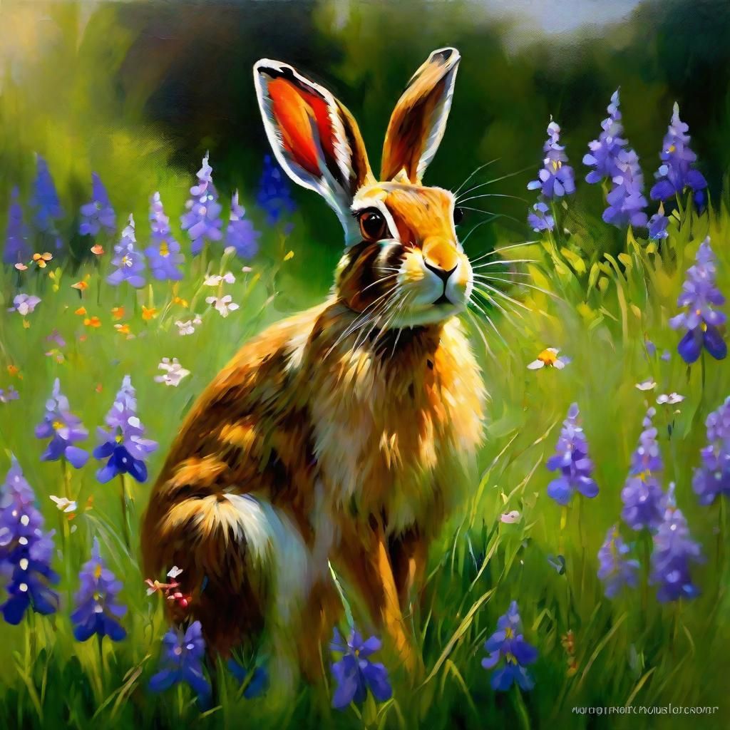 A beautiful hare. surrounded by blue flowers