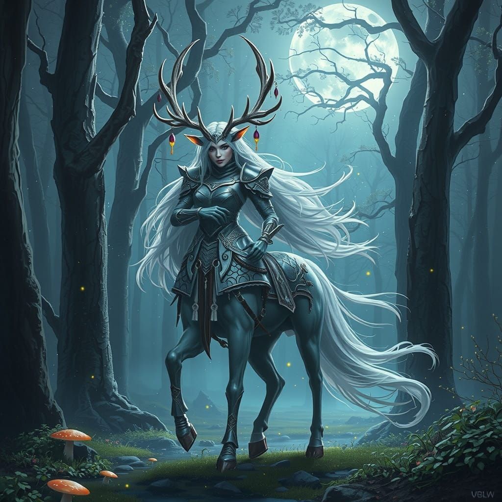 Majestic Centaur in Moonlit Forest, Adorned in Intricate Arm...