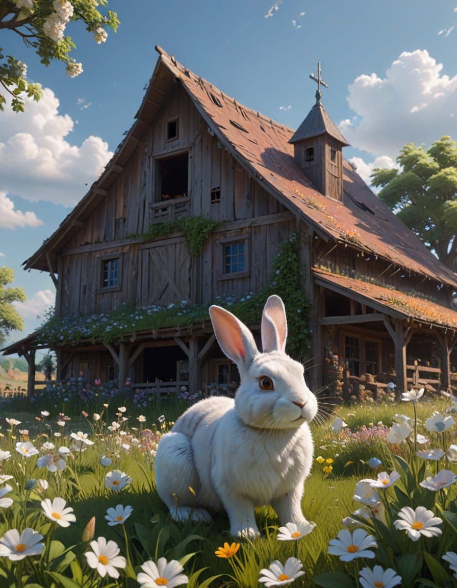 Whimsical Landscape with a Giant Rabbit and Enchanted Barn