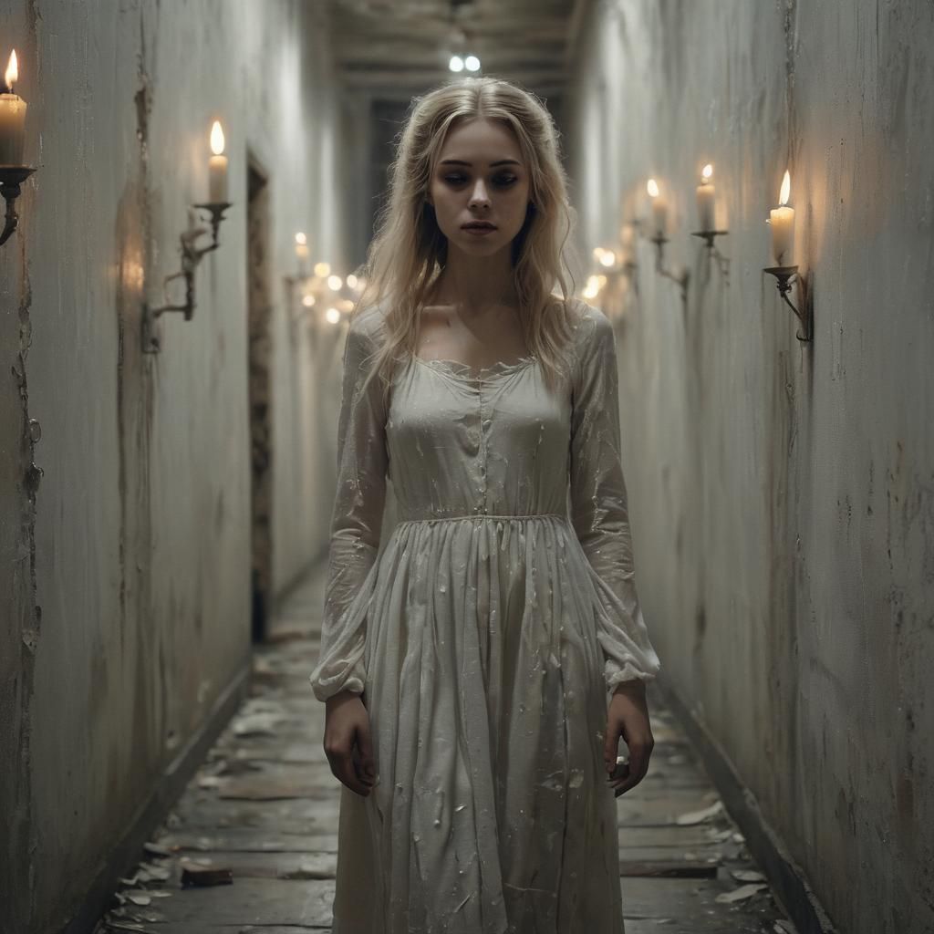 Ethereal Ghost Girl in Abandoned Hallway