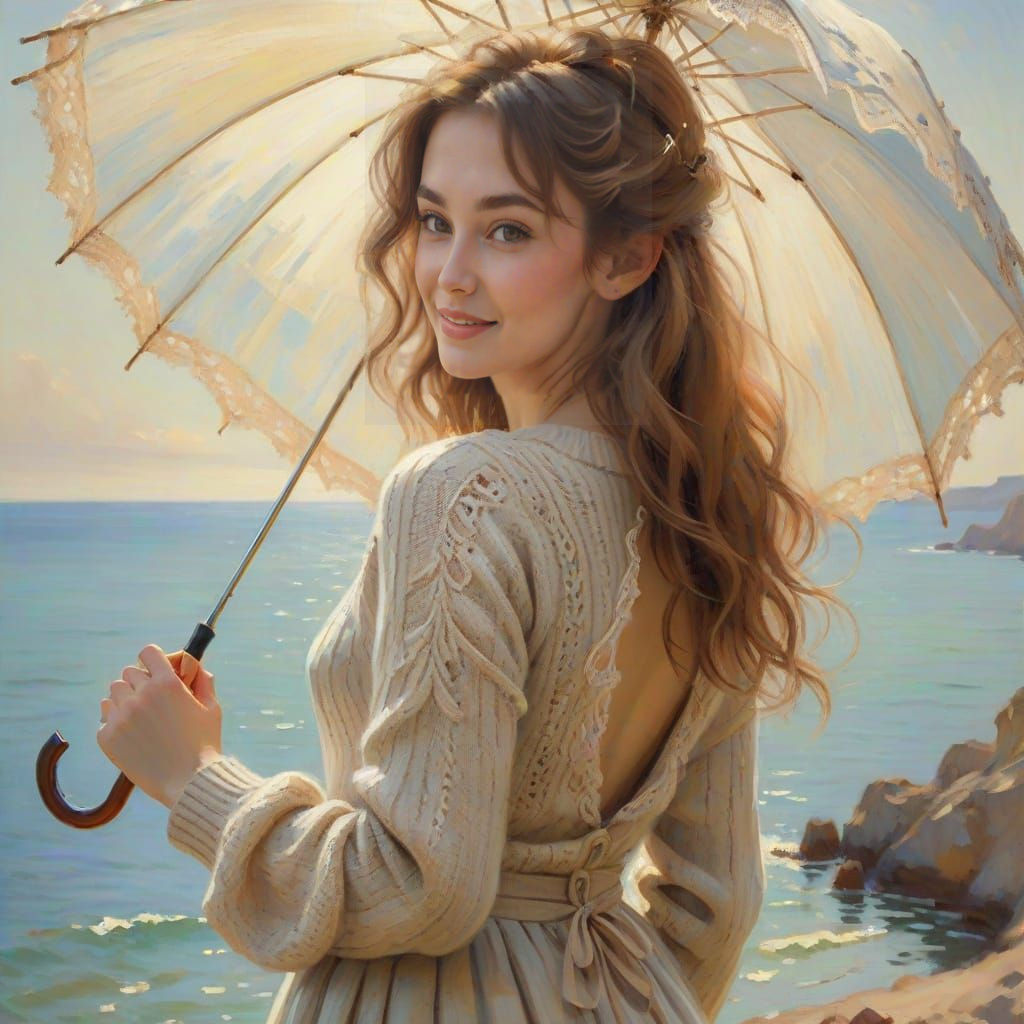 Young Woman in Coastal Landscape, Oil on Canvas