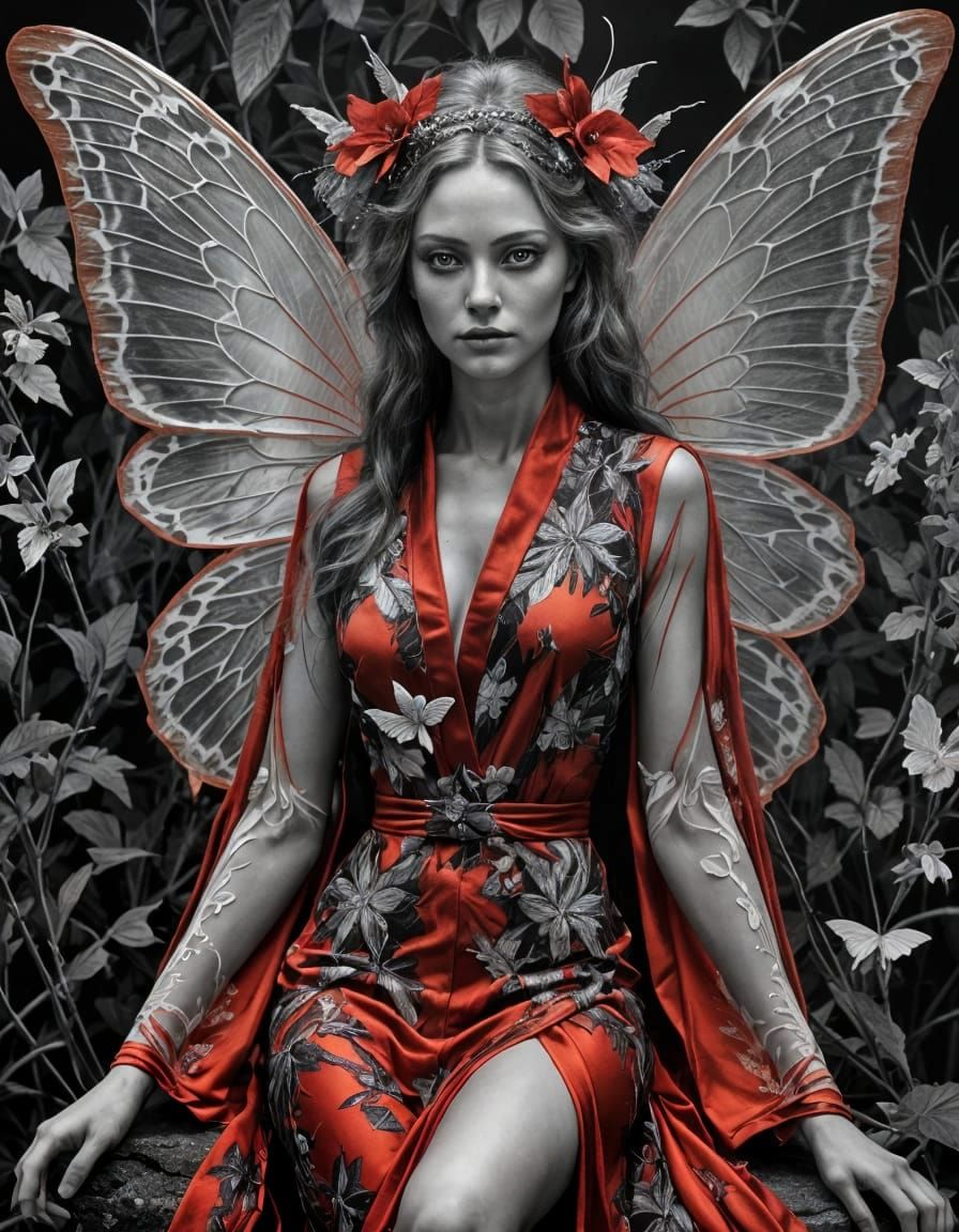 Gorgeous Fairy in Red Silk Robe with Skeleton Butterfly Wing...