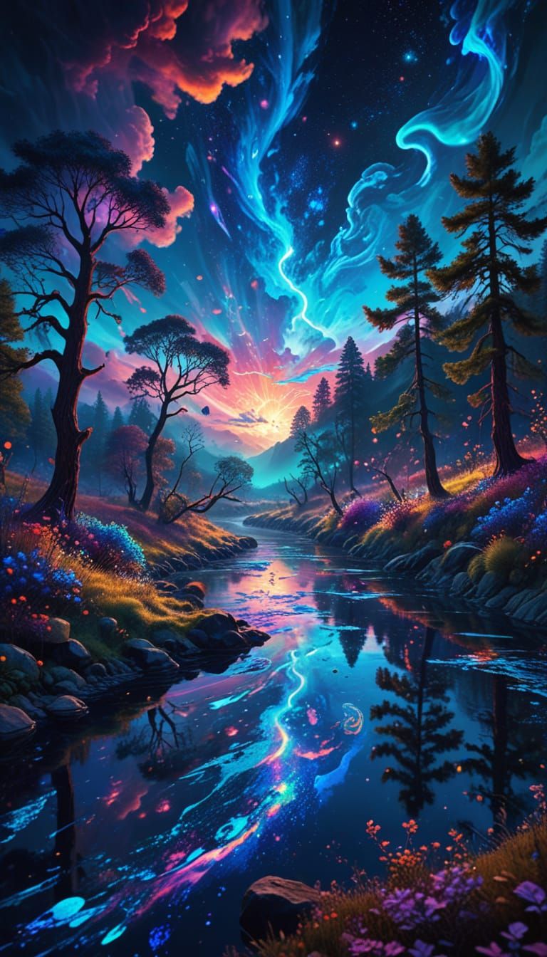 Surreal Astral Landscape with Swirling Patterns and Neon Ski...