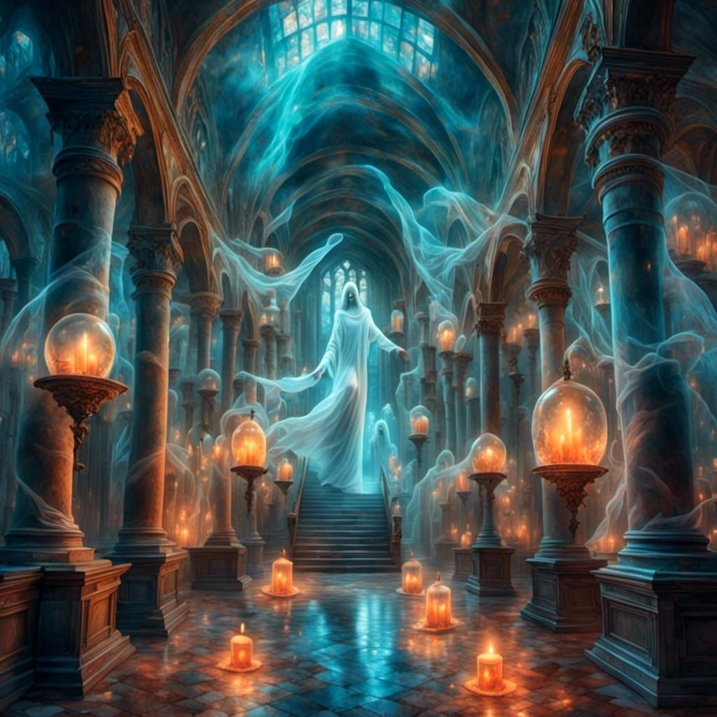 Ghostly Flight Through Castle Hall with Magic Spheres