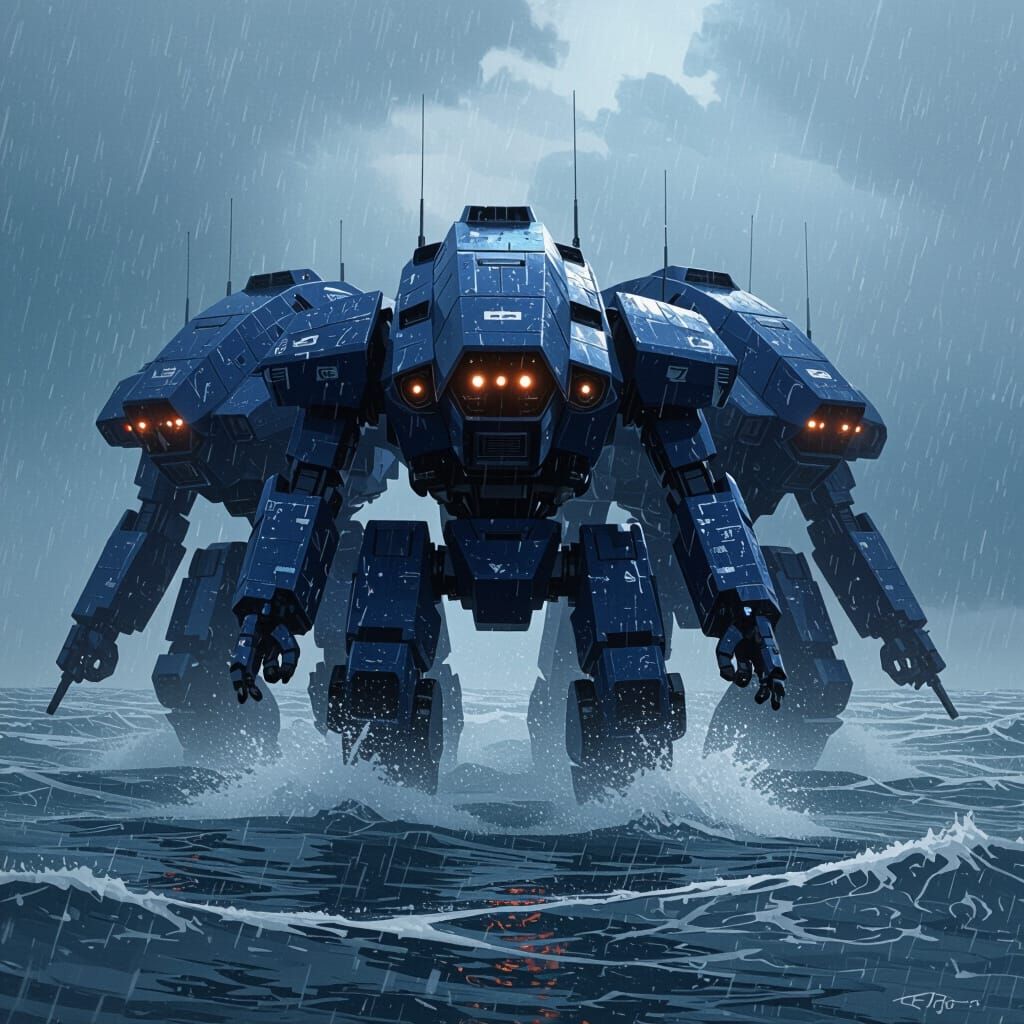 Three-Headed Navy Seal Mecha in Stormy Seas