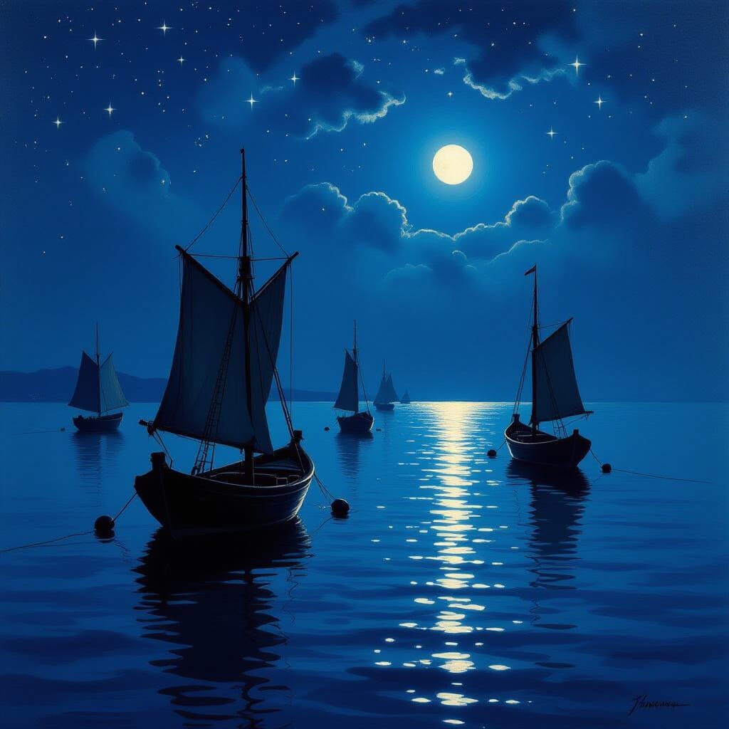 Serene Night Sea with Boats and Stars