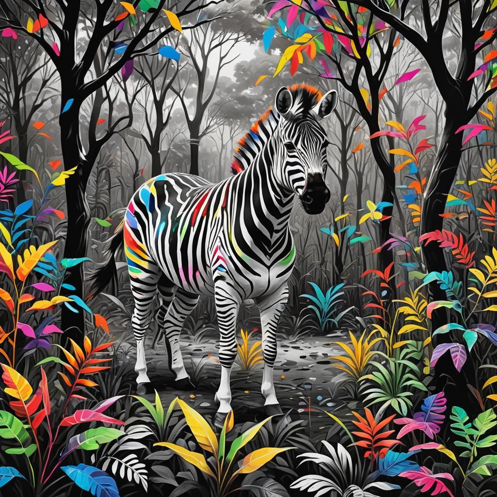 Rainbow Zebra in Black and White Jungle