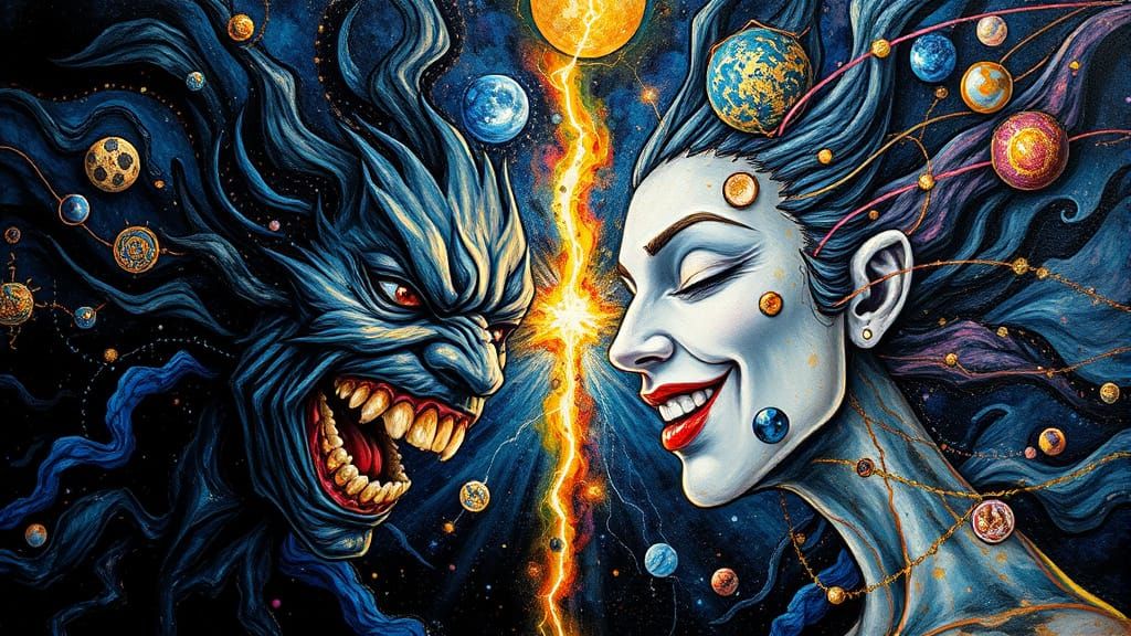 Clash of Cosmic Entities in Dreamlike Style