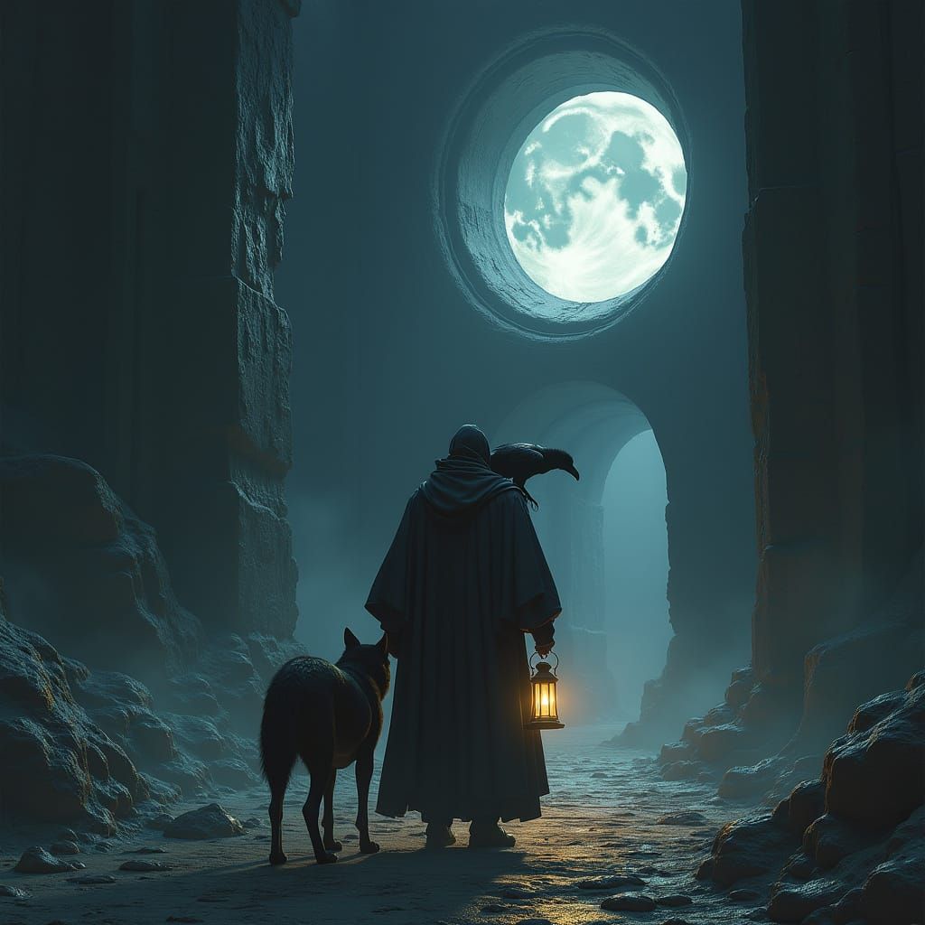 Mystical Wanderer at Dark Temple in Hyperrealistic Style