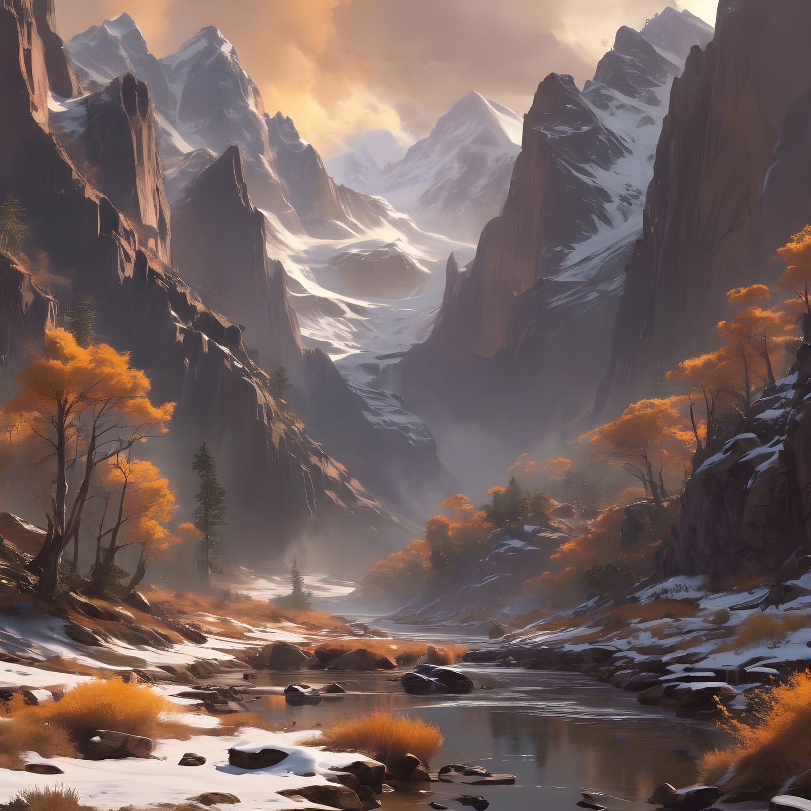 Serene Mountain Landscape at Dawn: Fantasy Concept Art
