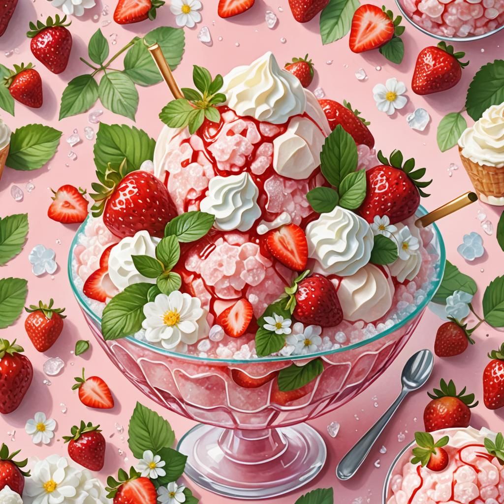 Strawberry Shaved Ice Dessert in Hyper-Realistic Style