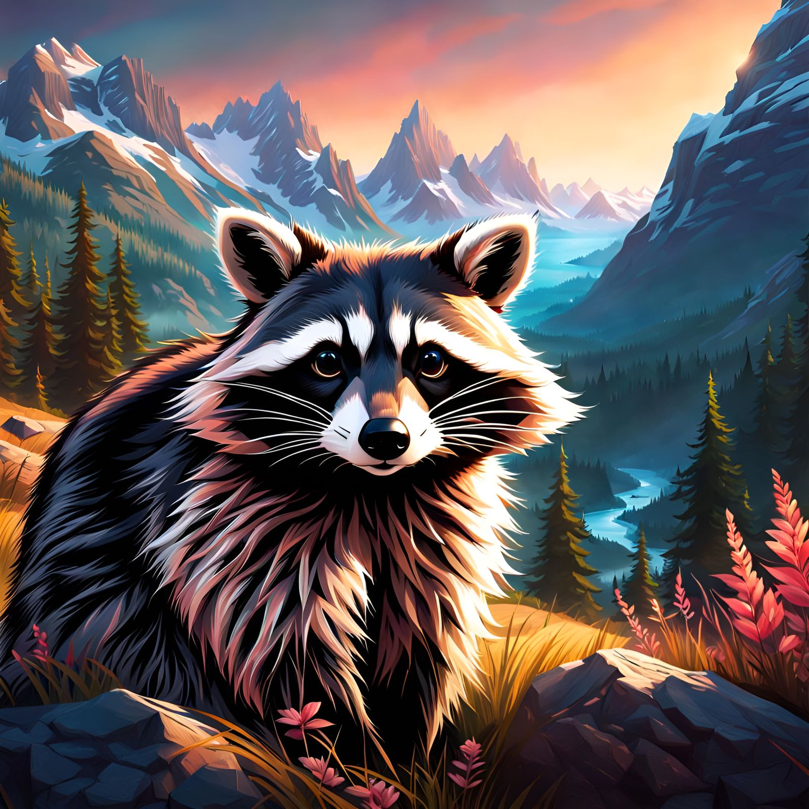 Realistic Raccoon Portrait in Mountain Landscape